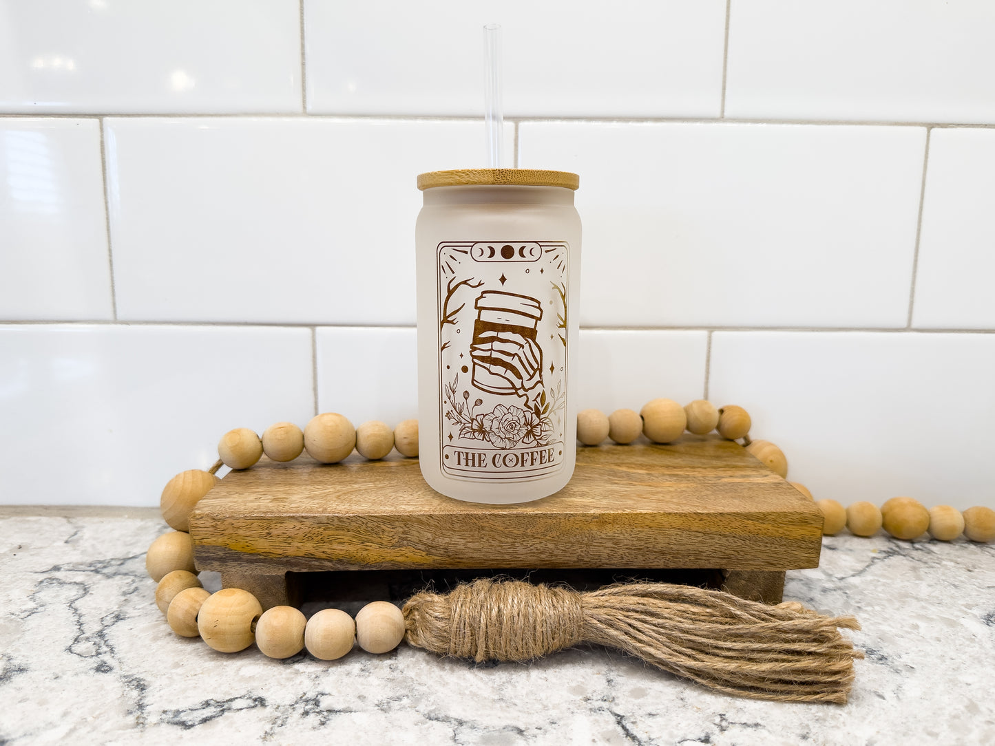 The Coffee | Tarot Card Collection | 12 oz Can Glass with Bamboo Lid | Frosted Glass Drinkware