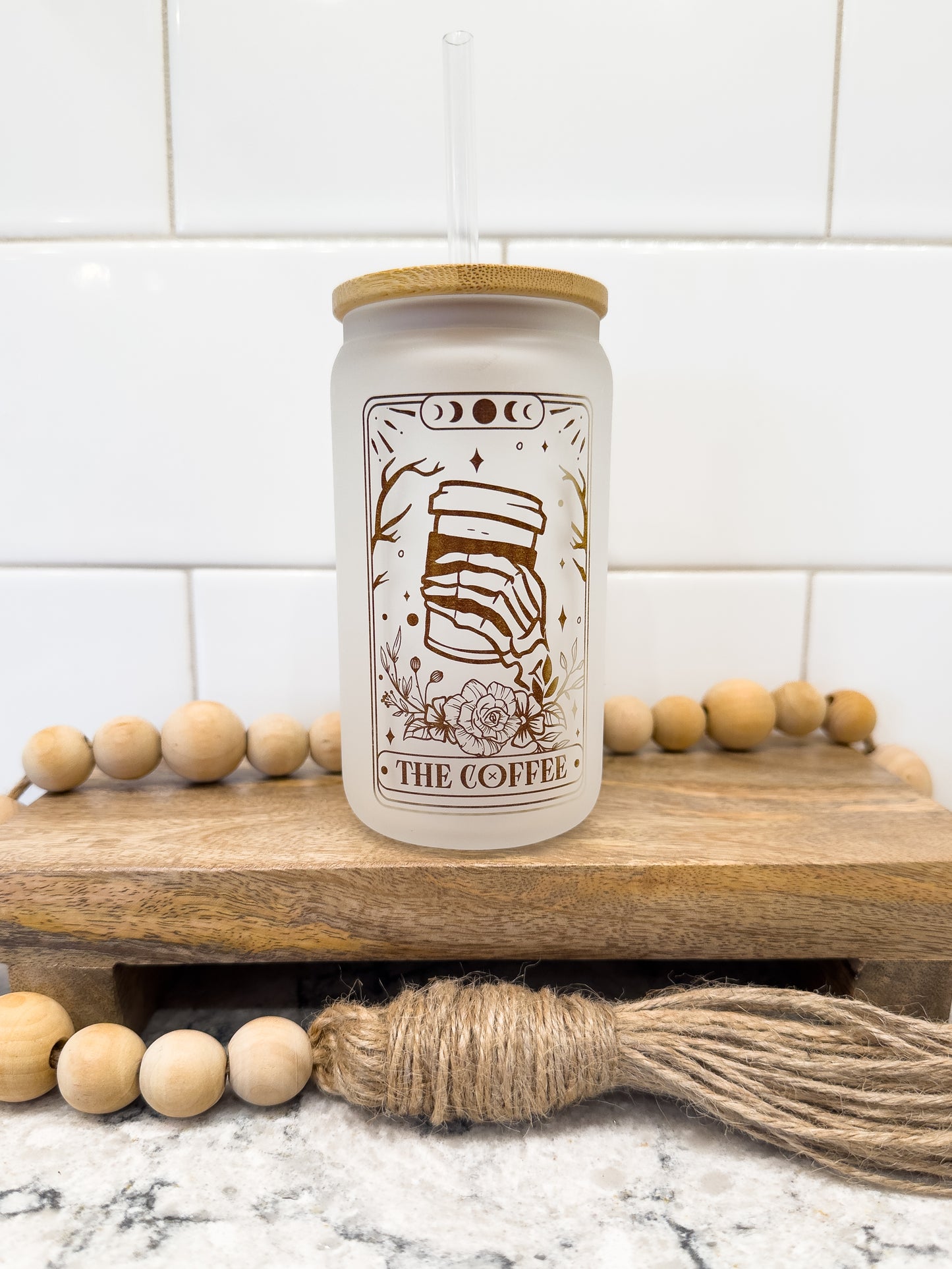 The Coffee | Tarot Card Collection | 12 oz Can Glass with Bamboo Lid | Frosted Glass Drinkware