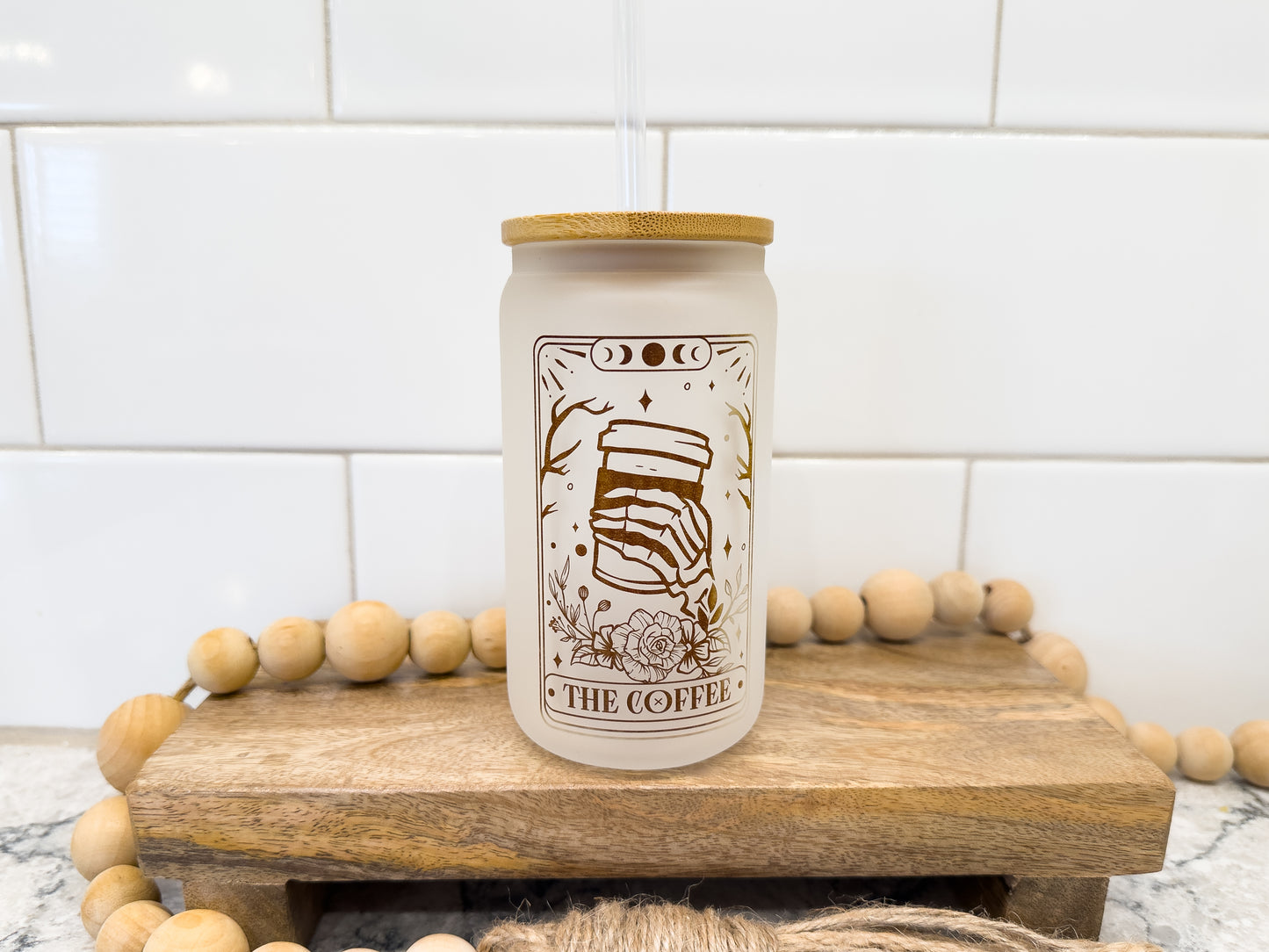 The Coffee | Tarot Card Collection | 12 oz Can Glass with Bamboo Lid | Frosted Glass Drinkware