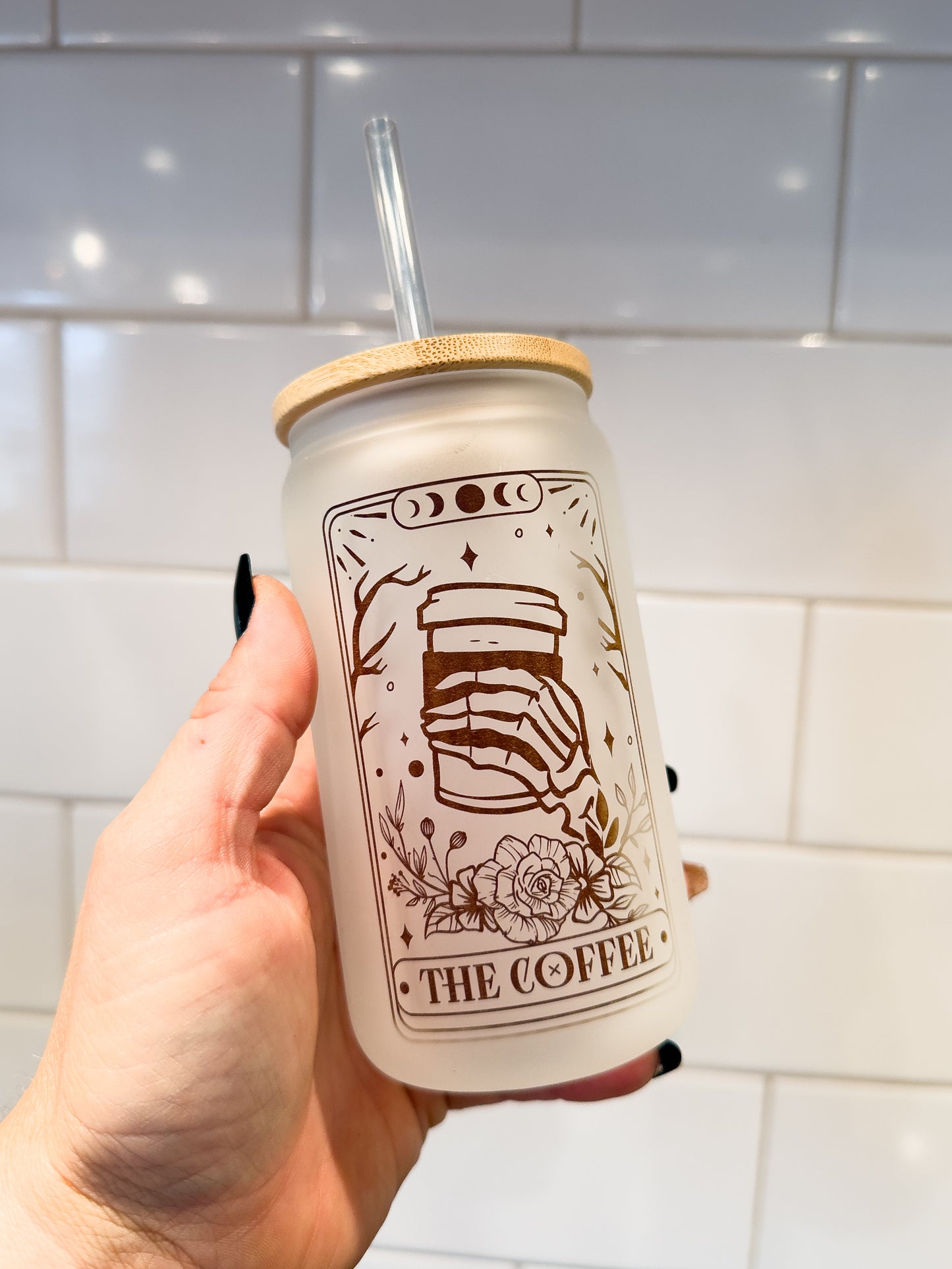 The Coffee | Tarot Card Collection | 12 oz Can Glass with Bamboo Lid | Frosted Glass Drinkware