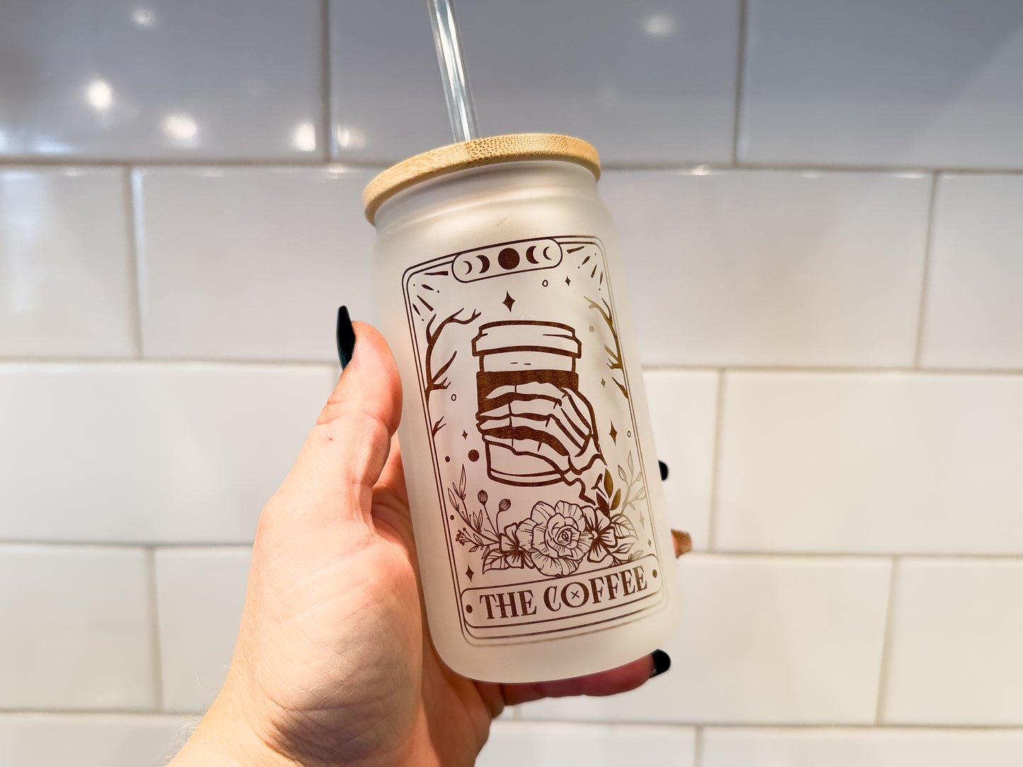 The Coffee | Tarot Card Collection | 12 oz Can Glass with Bamboo Lid | Frosted Glass Drinkware