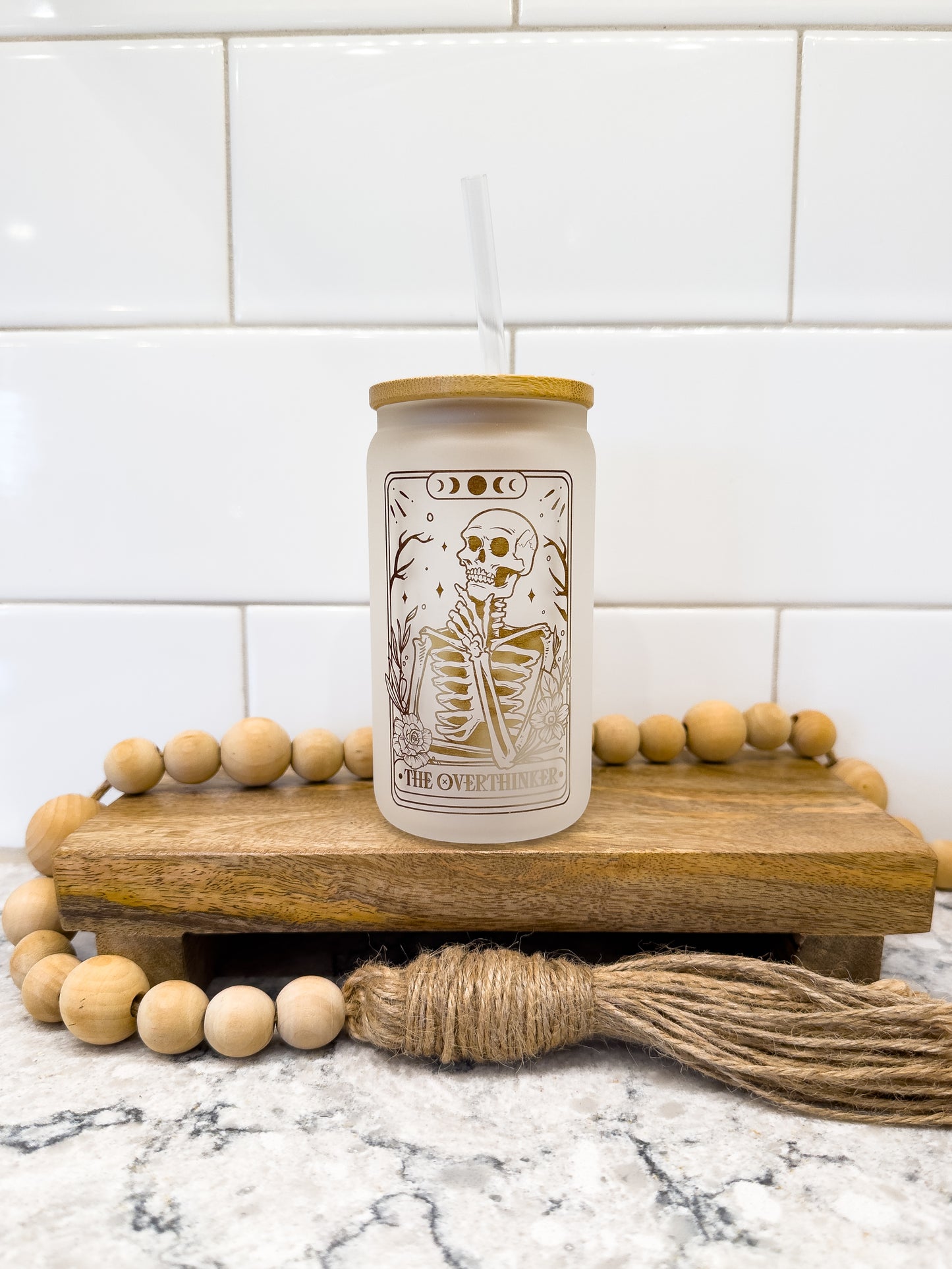 The Overthinker | Tarot Card Collection | 12 oz Can Glass with Bamboo Lid | Frosted Glass Drinkware