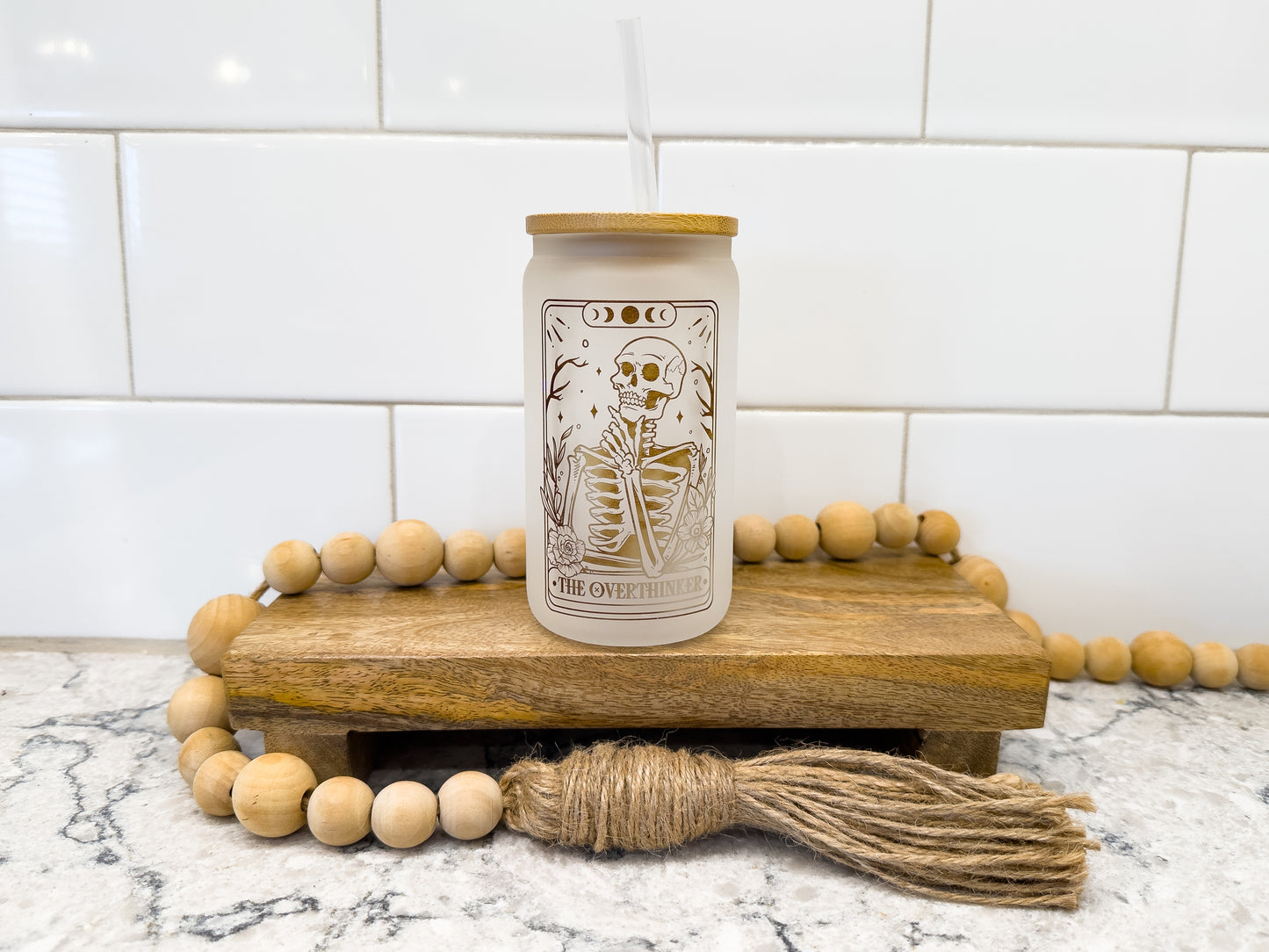 The Overthinker | Tarot Card Collection | 12 oz Can Glass with Bamboo Lid | Frosted Glass Drinkware