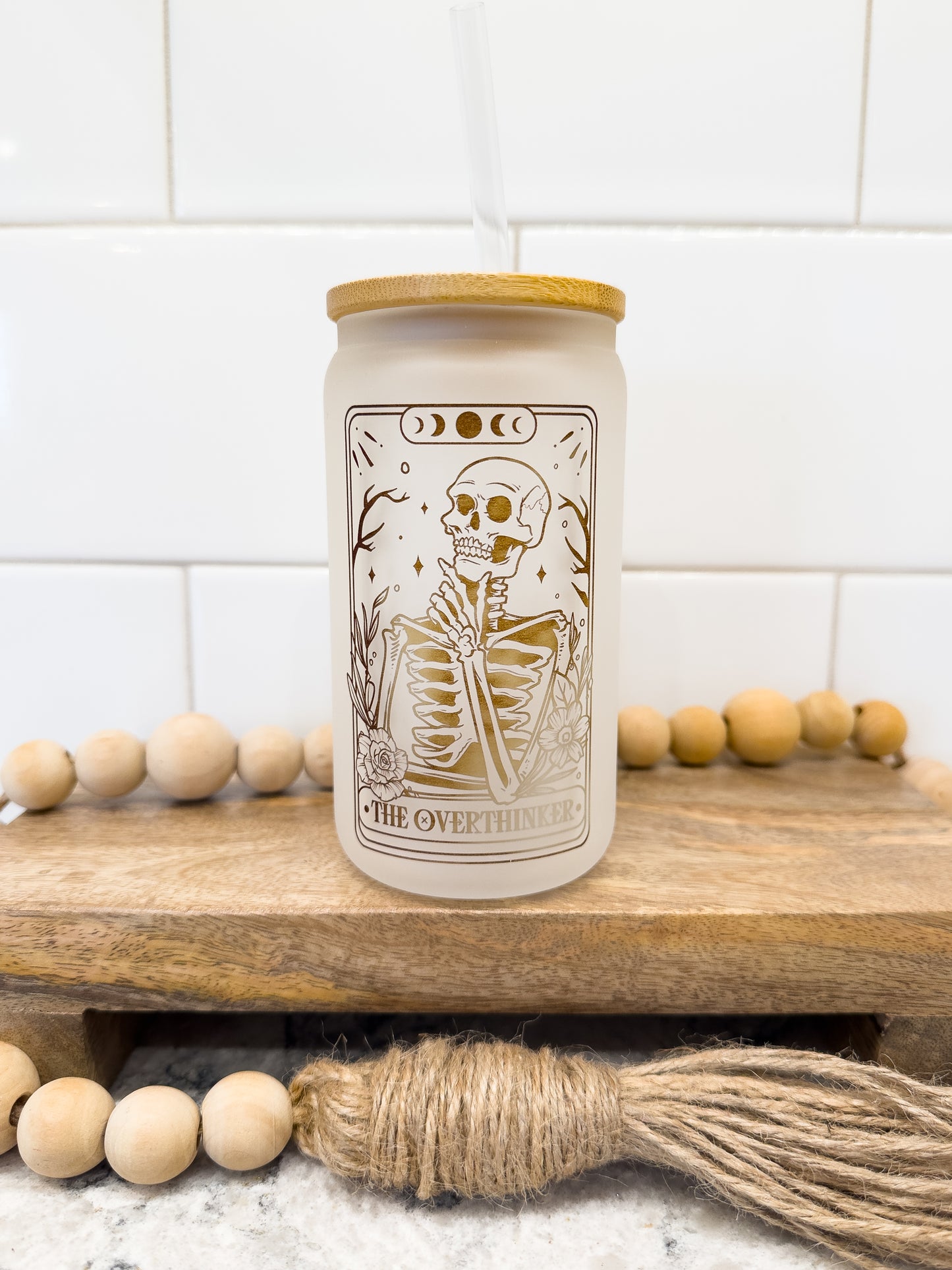 The Overthinker | Tarot Card Collection | 12 oz Can Glass with Bamboo Lid | Frosted Glass Drinkware