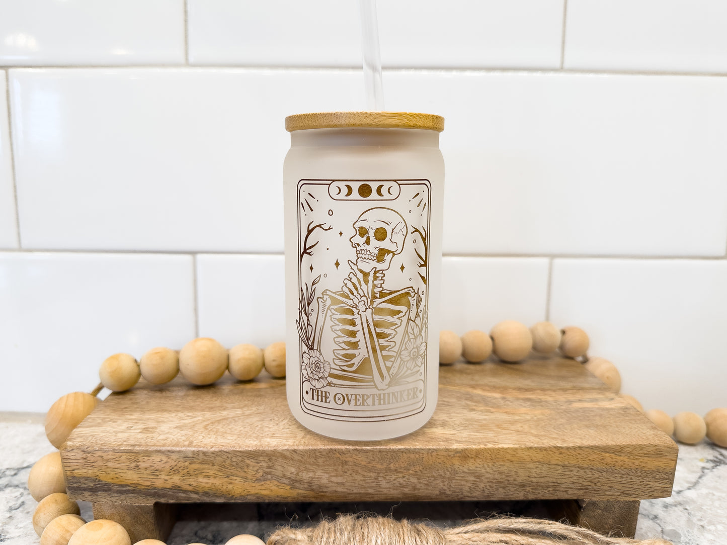 The Overthinker | Tarot Card Collection | 12 oz Can Glass with Bamboo Lid | Frosted Glass Drinkware