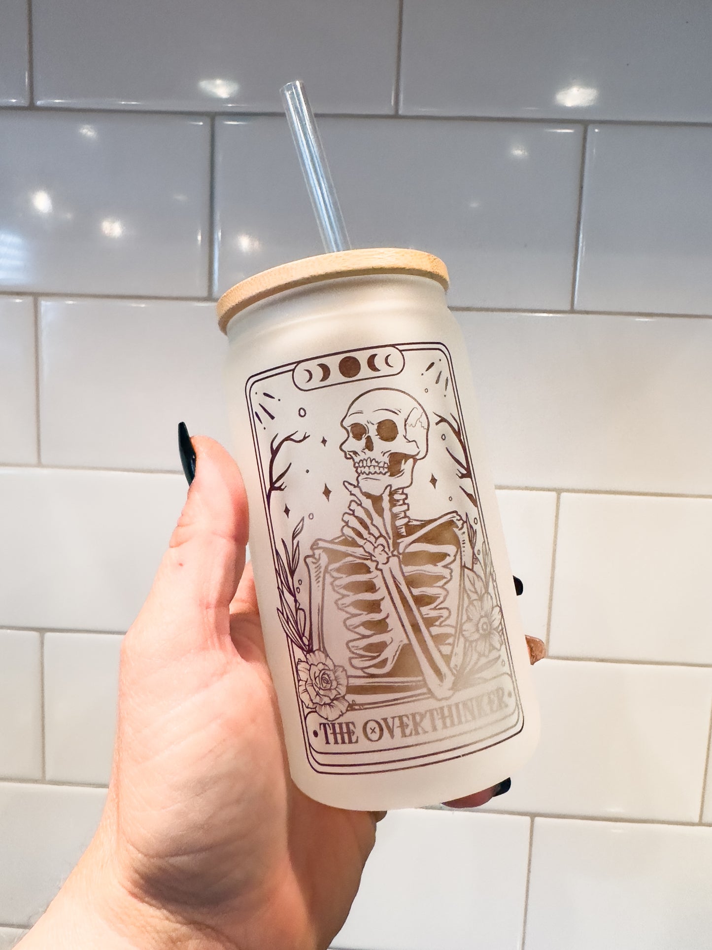 The Overthinker | Tarot Card Collection | 12 oz Can Glass with Bamboo Lid | Frosted Glass Drinkware