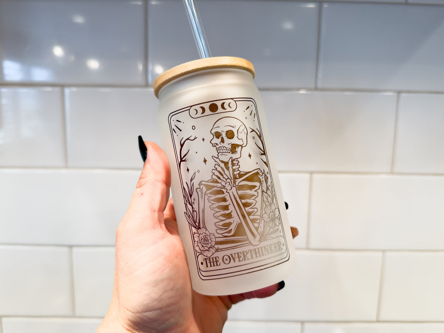 The Overthinker | Tarot Card Collection | 12 oz Can Glass with Bamboo Lid | Frosted Glass Drinkware