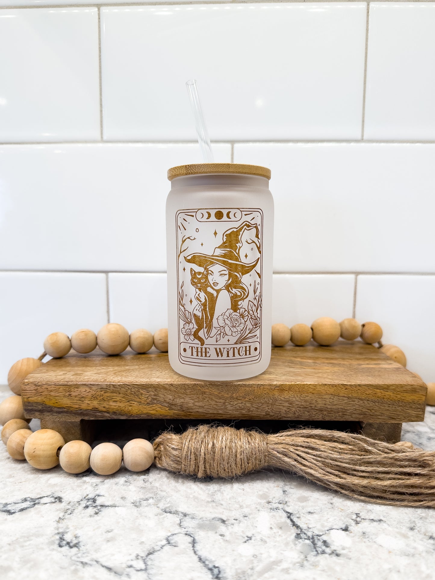 The Witch | Tarot Card Collection | 12 oz Can Glass with Bamboo Lid | Frosted Glass Drinkware