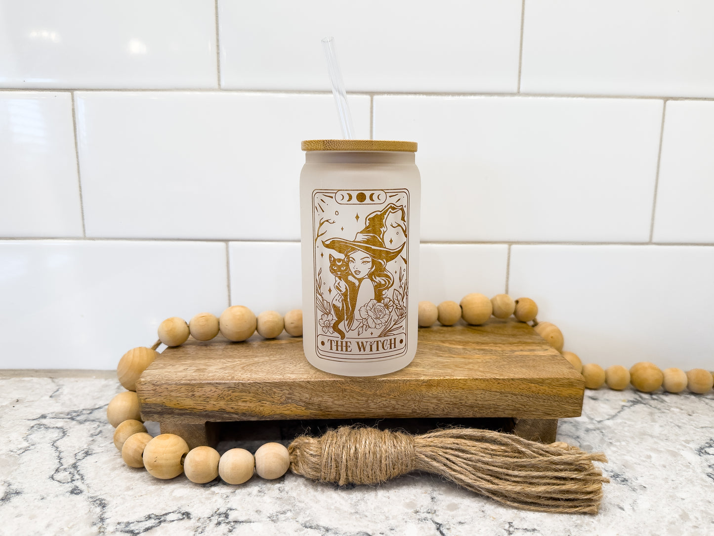 The Witch | Tarot Card Collection | 12 oz Can Glass with Bamboo Lid | Frosted Glass Drinkware
