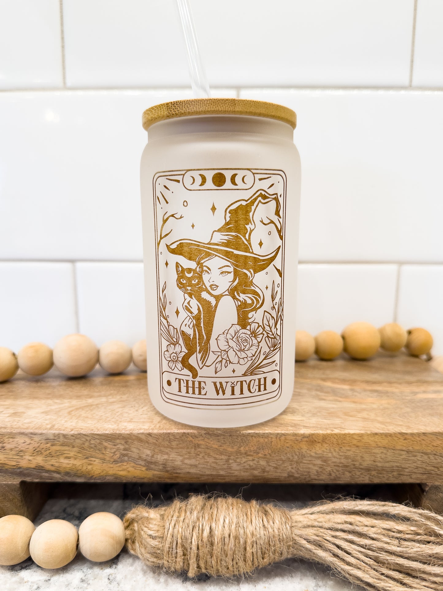 The Witch | Tarot Card Collection | 12 oz Can Glass with Bamboo Lid | Frosted Glass Drinkware