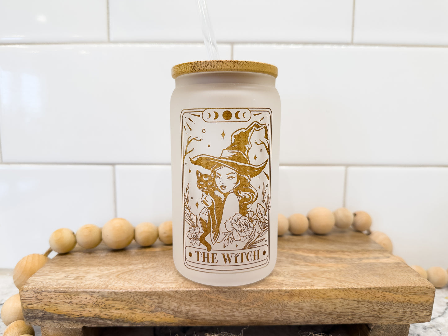 The Witch | Tarot Card Collection | 12 oz Can Glass with Bamboo Lid | Frosted Glass Drinkware