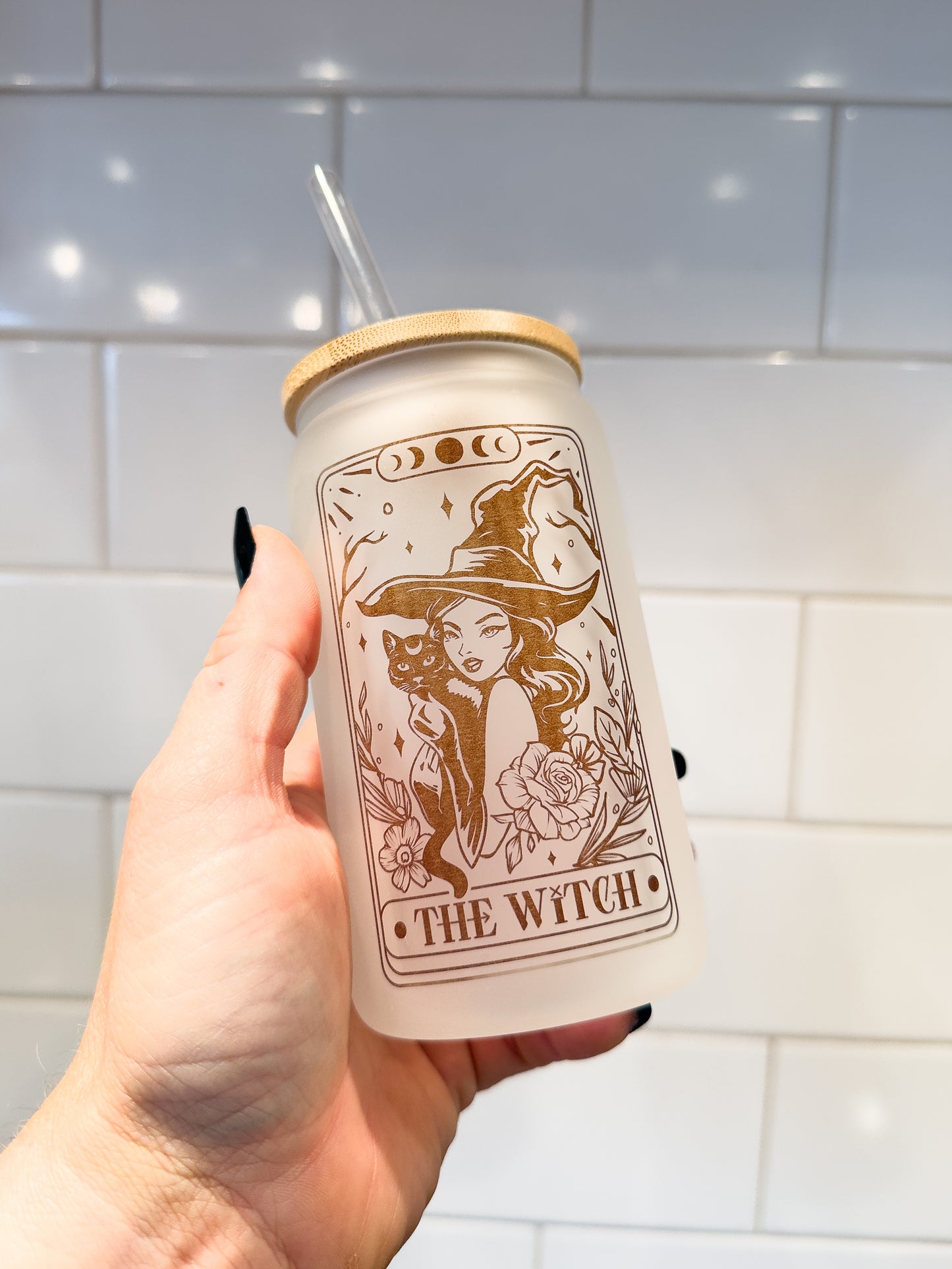 The Witch | Tarot Card Collection | 12 oz Can Glass with Bamboo Lid | Frosted Glass Drinkware