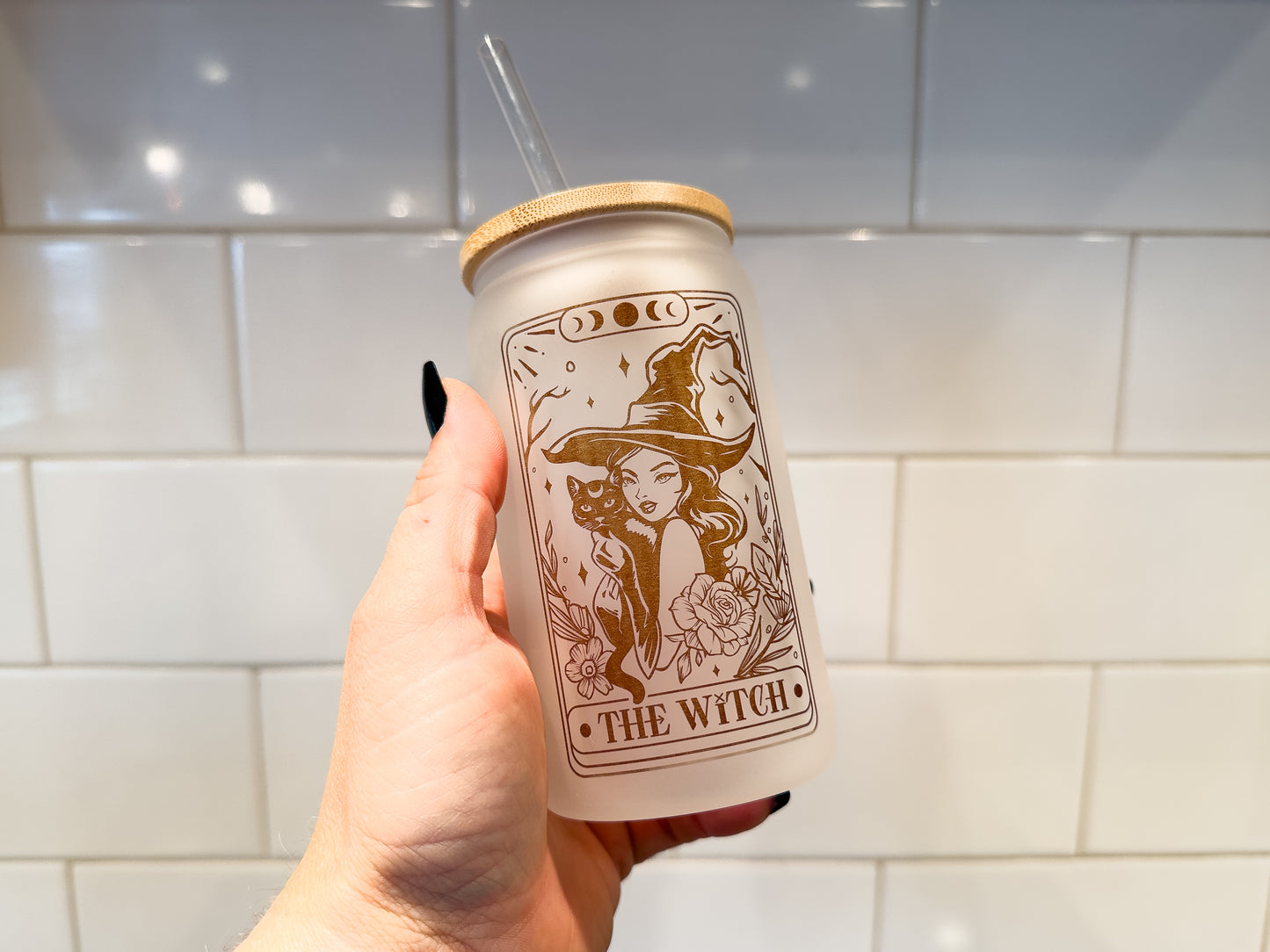 The Witch | Tarot Card Collection | 12 oz Can Glass with Bamboo Lid | Frosted Glass Drinkware