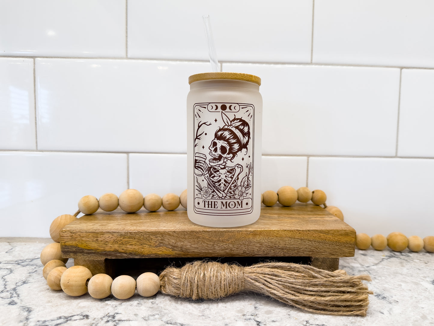 The Mom | Skeleton | Tarot Card Collection | 12 oz Can Glass with Bamboo Lid | Frosted Glass Drinkware