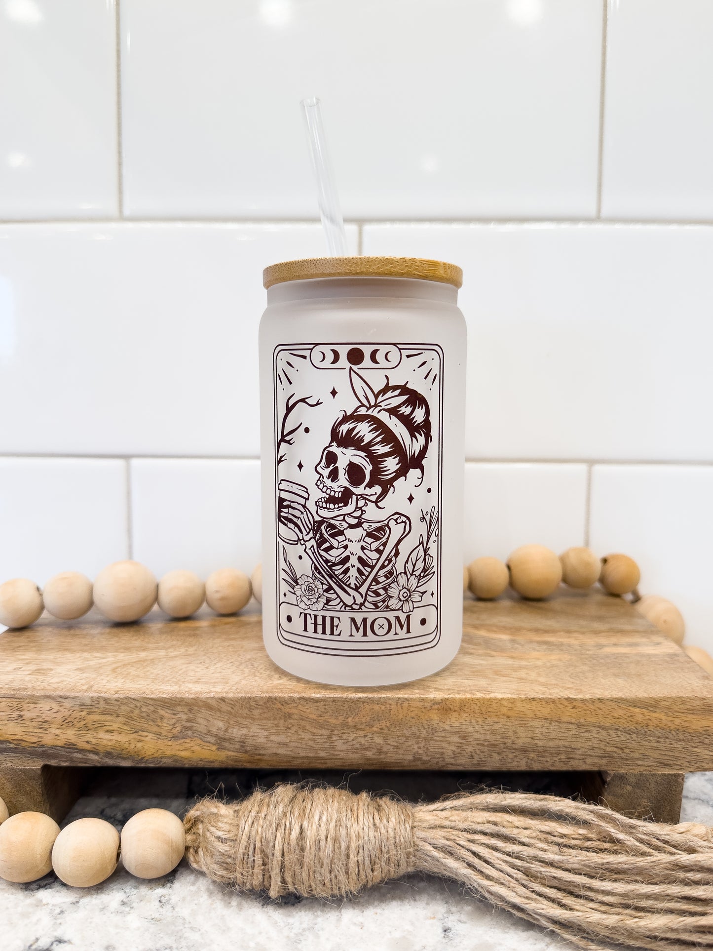 The Mom | Skeleton | Tarot Card Collection | 12 oz Can Glass with Bamboo Lid | Frosted Glass Drinkware