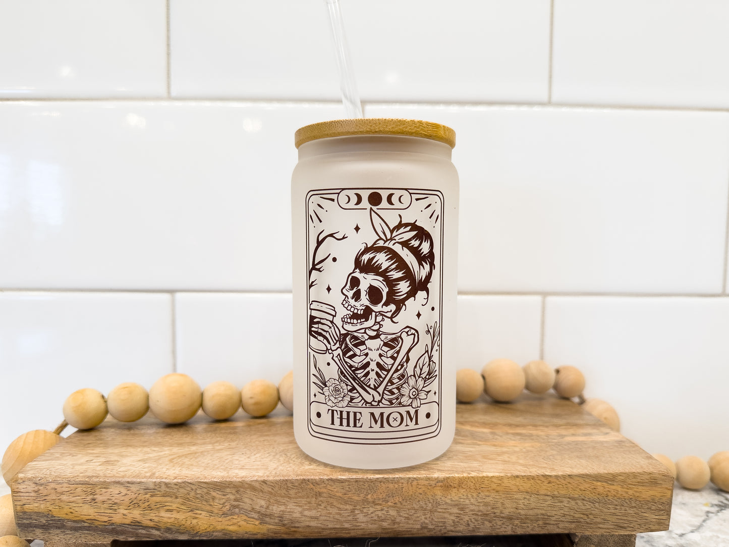 The Mom | Skeleton | Tarot Card Collection | 12 oz Can Glass with Bamboo Lid | Frosted Glass Drinkware