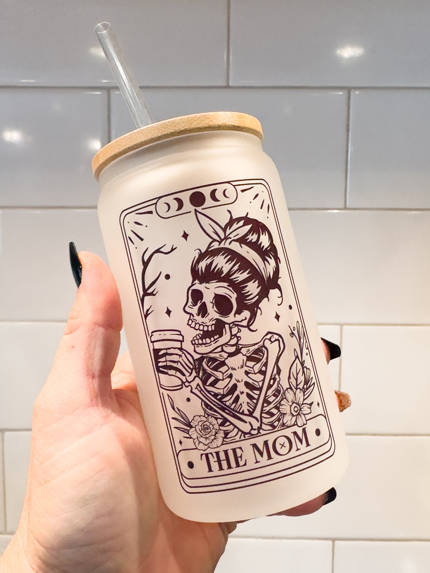 The Mom | Skeleton | Tarot Card Collection | 12 oz Can Glass with Bamboo Lid | Frosted Glass Drinkware