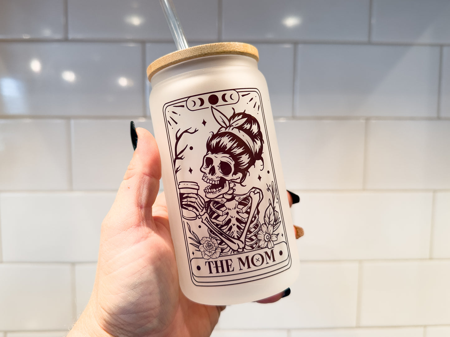 The Mom | Skeleton | Tarot Card Collection | 12 oz Can Glass with Bamboo Lid | Frosted Glass Drinkware
