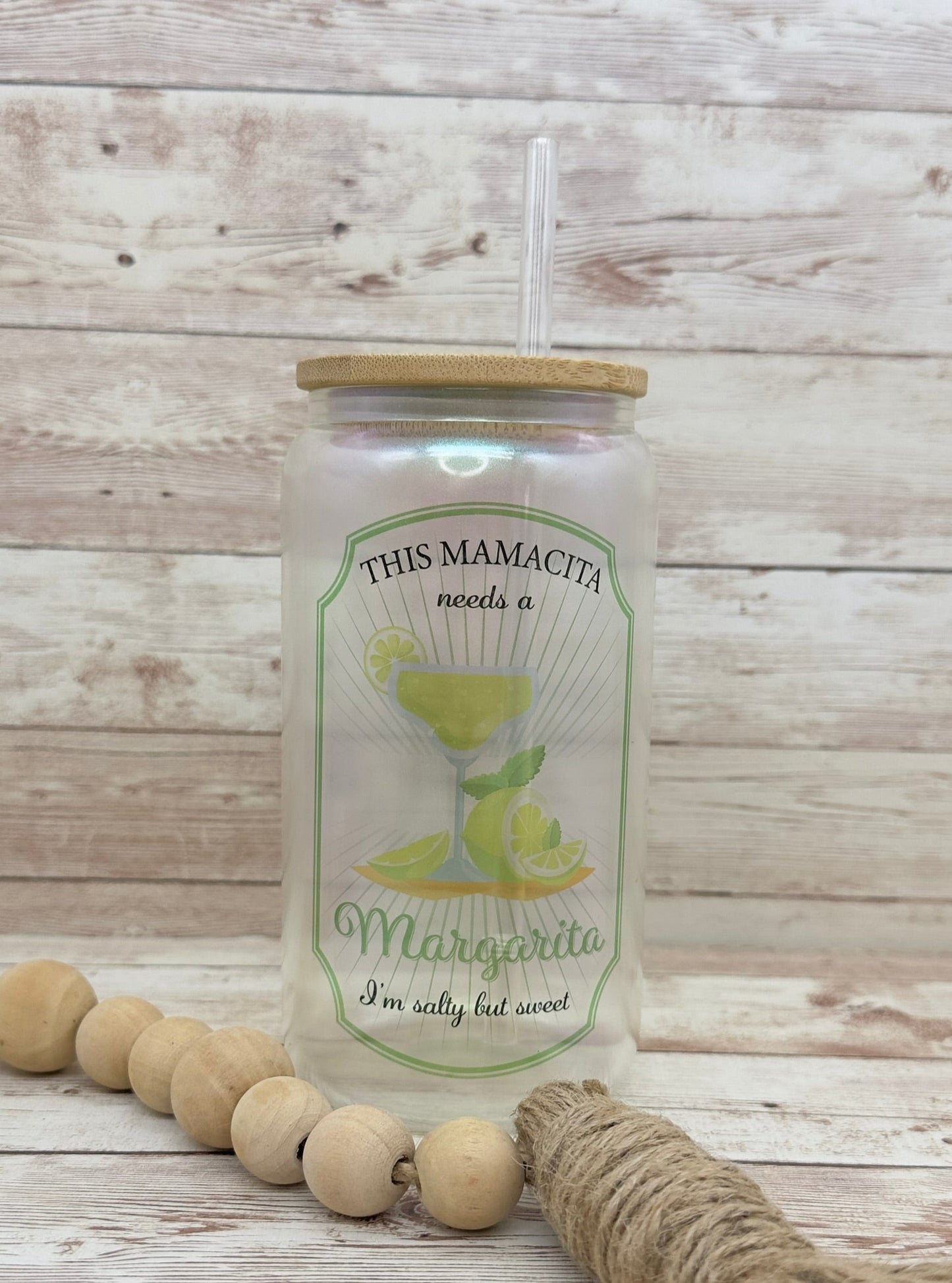 Mamacita Needs A Margarita | 16 oz Can Glass with Bamboo Lid | Green Iridescent | Glass Drinkware