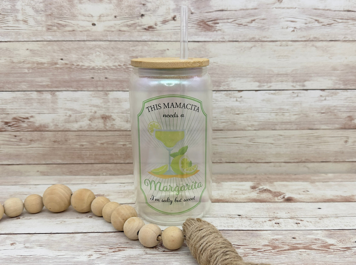 Mamacita Needs A Margarita | 16 oz Can Glass with Bamboo Lid | Green Iridescent | Glass Drinkware