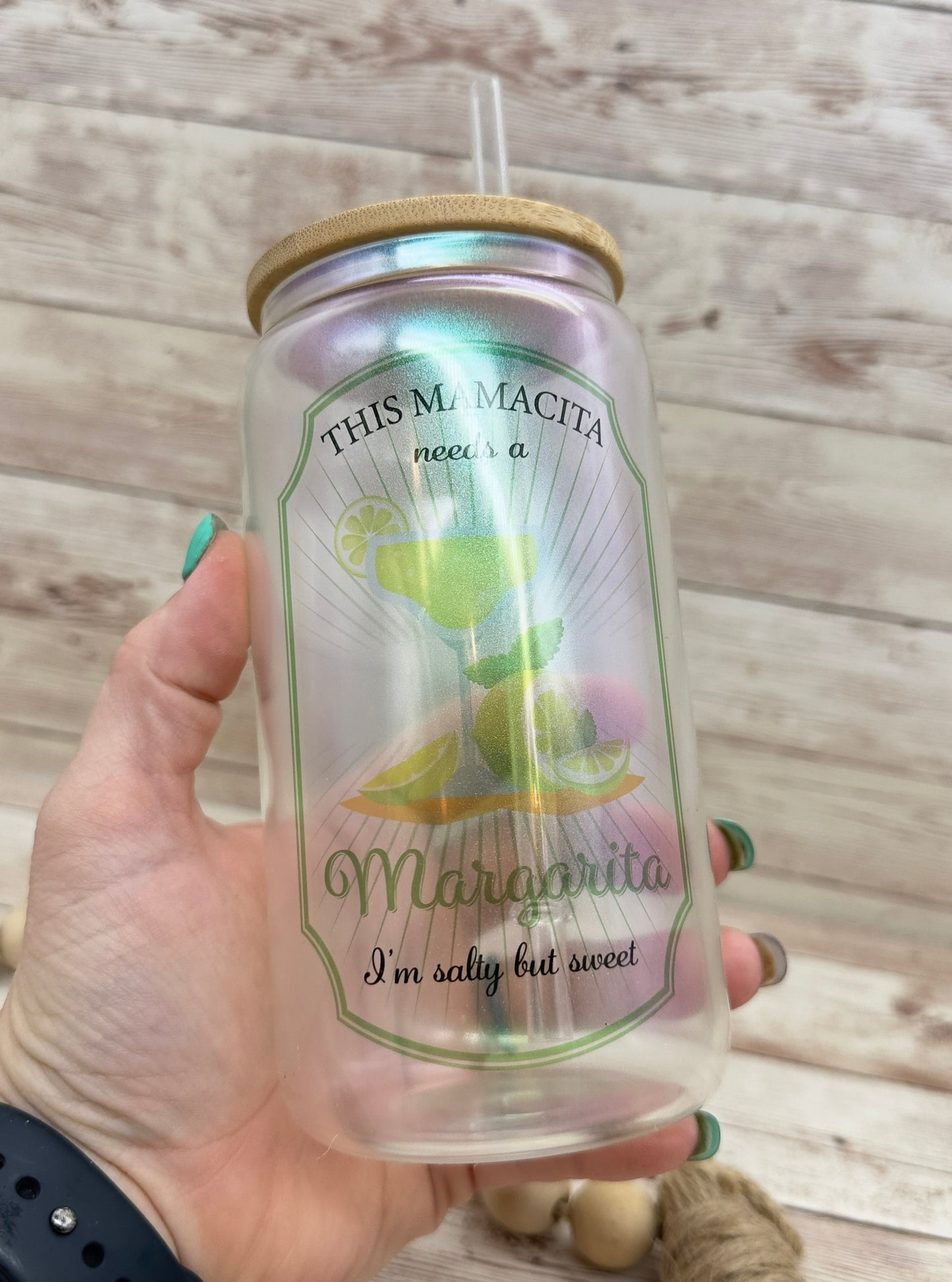 Mamacita Needs A Margarita | 16 oz Can Glass with Bamboo Lid | Green Iridescent | Glass Drinkware