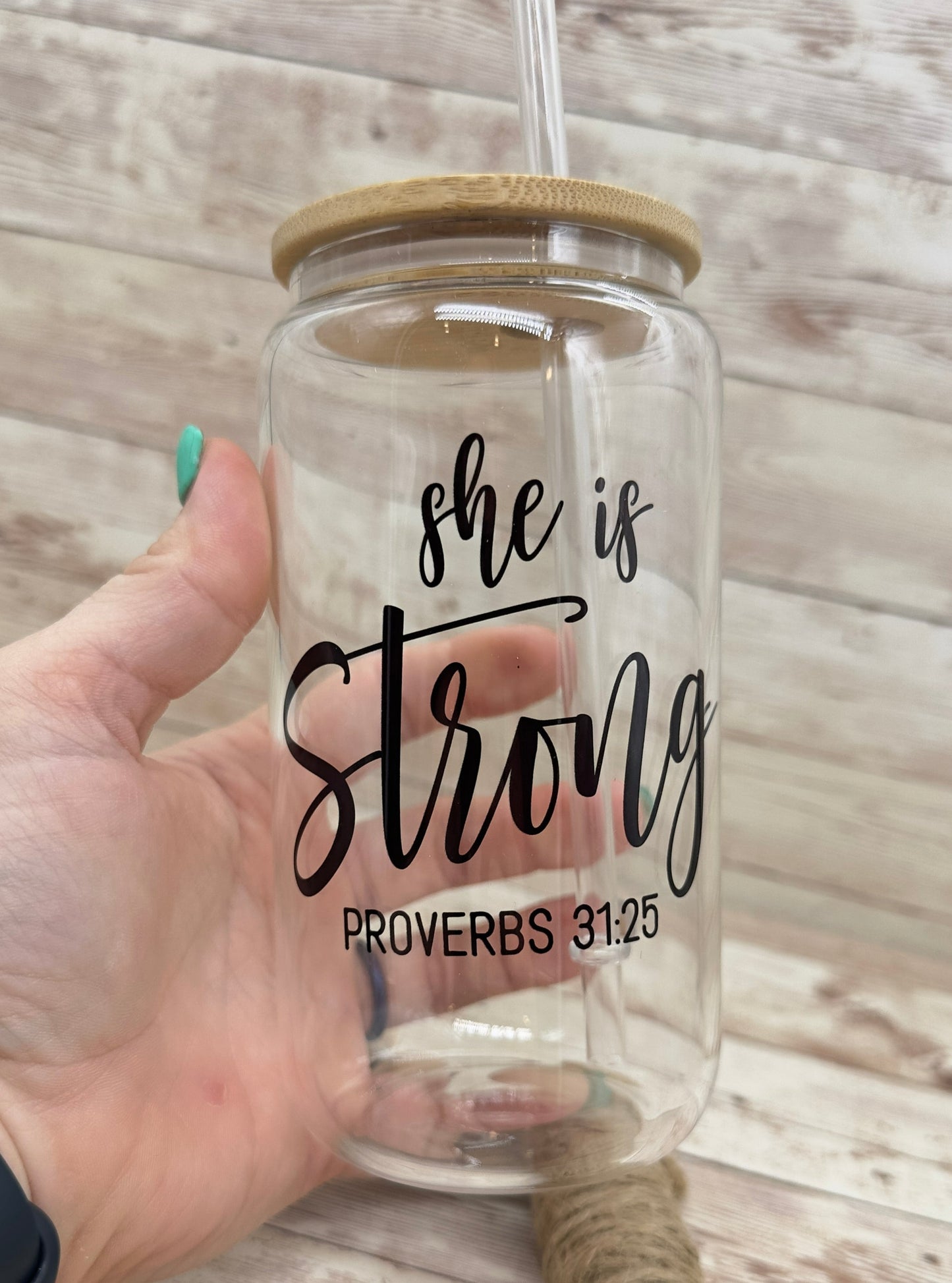 She is Strong | 16oz Can Glass with Bamboo Lid | Clear Glass Drinkware | Iced Coffee Lover