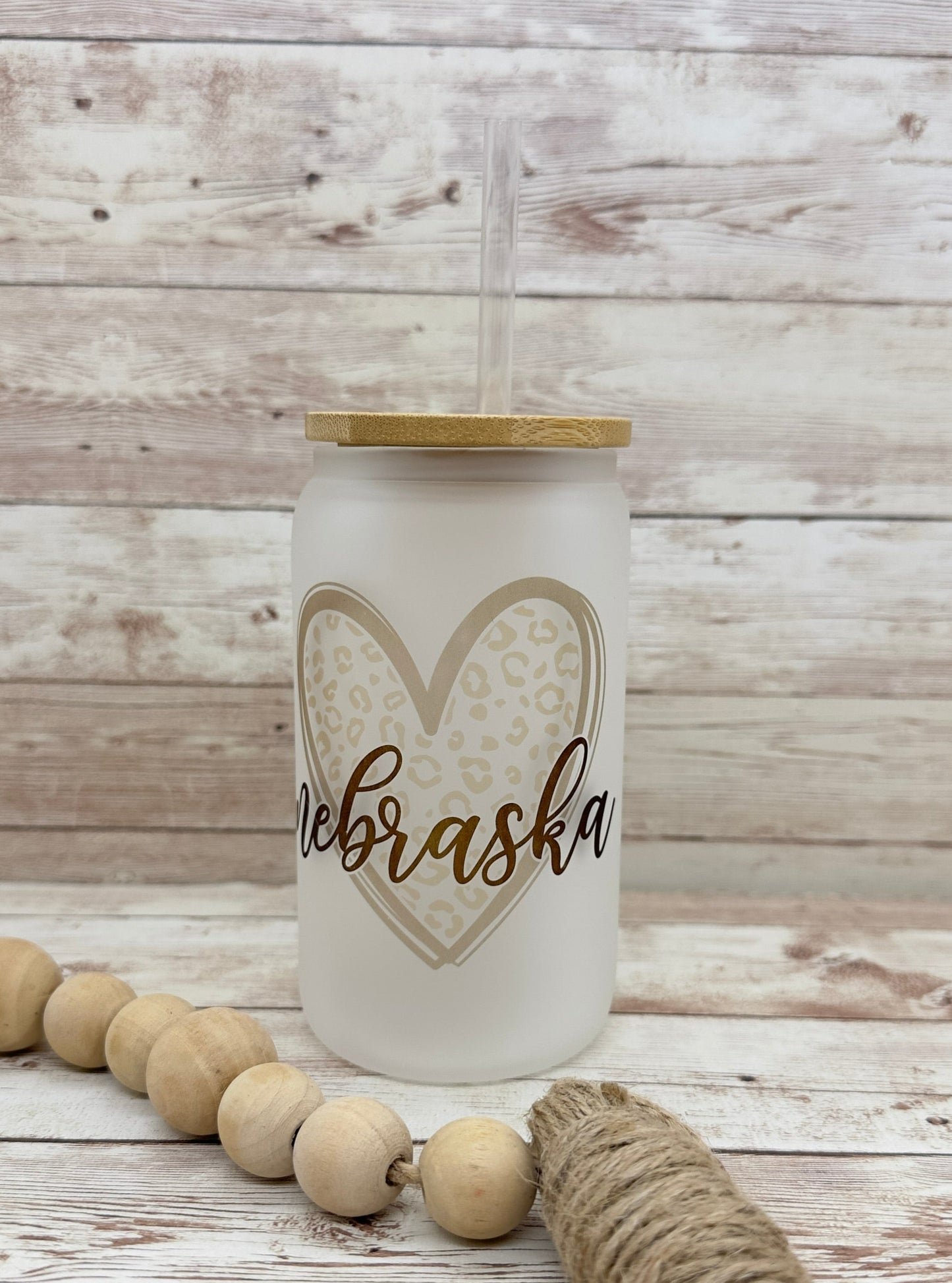 Nebraska - Leopard 16oz Can Glass with Bamboo Lid - Frosted