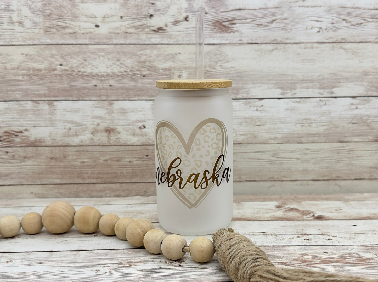 Nebraska - Leopard 16oz Can Glass with Bamboo Lid - Frosted