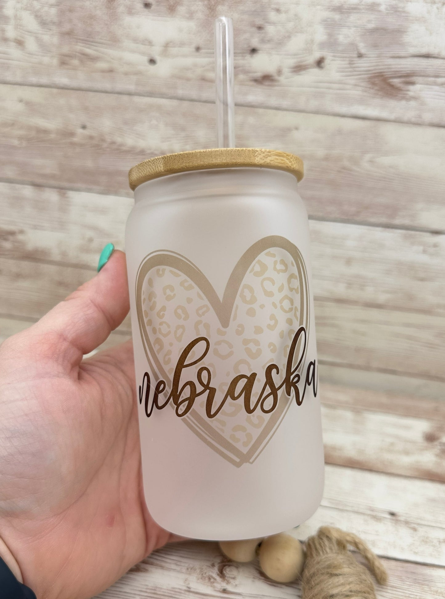 Nebraska - Leopard 16oz Can Glass with Bamboo Lid - Frosted