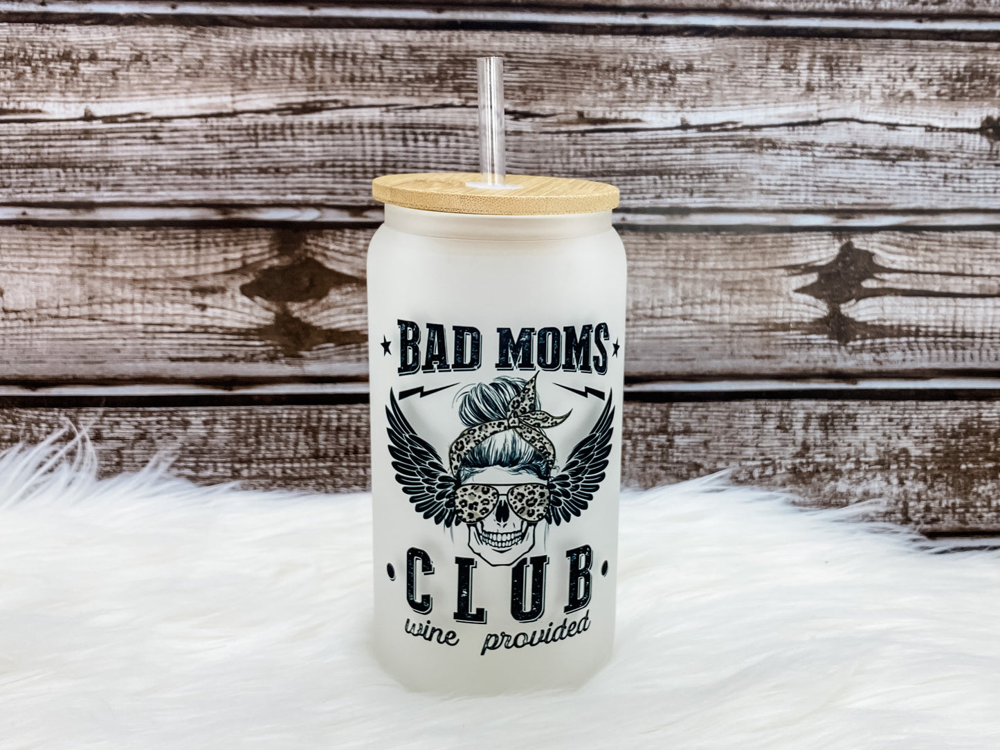 Bad Moms Club 16oz Can Glass with Bamboo Lid - Frosted