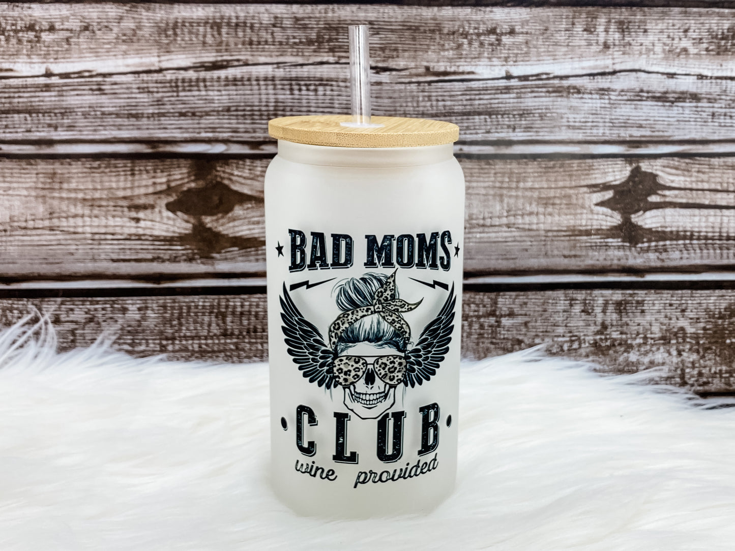 Bad Moms Club 16 oz Can Glass with Bamboo Lid - Frosted