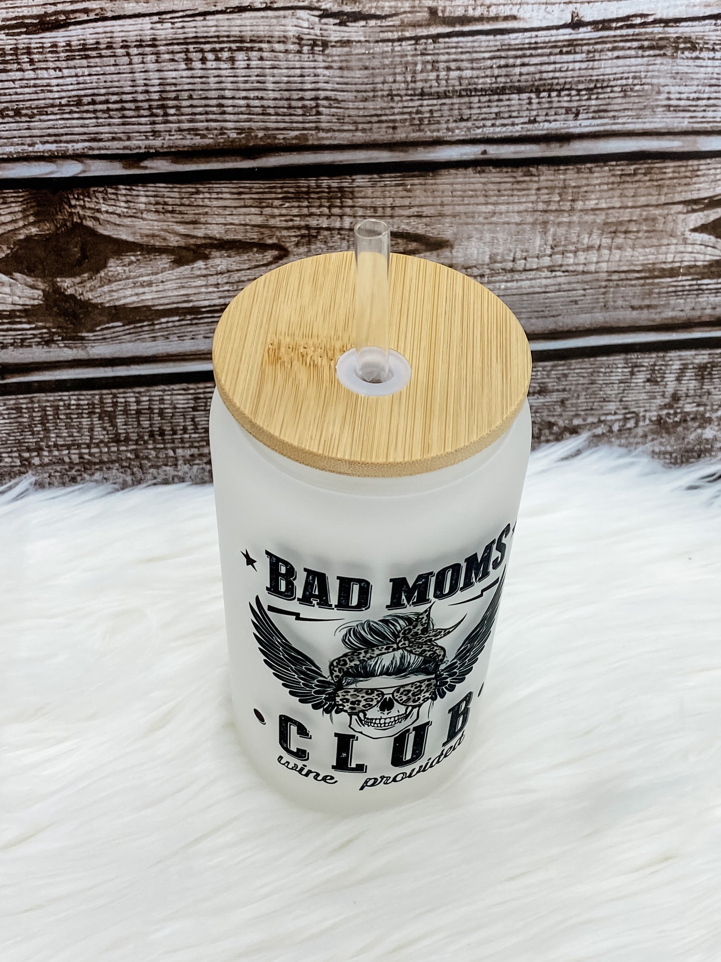 Bad Moms Club 16oz Can Glass with Bamboo Lid - Frosted