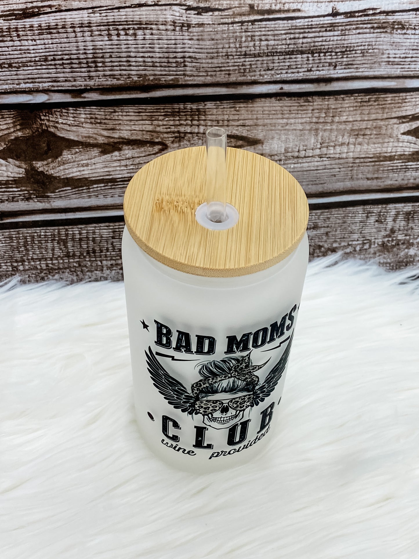 Bad Moms Club 16 oz Can Glass with Bamboo Lid - Frosted