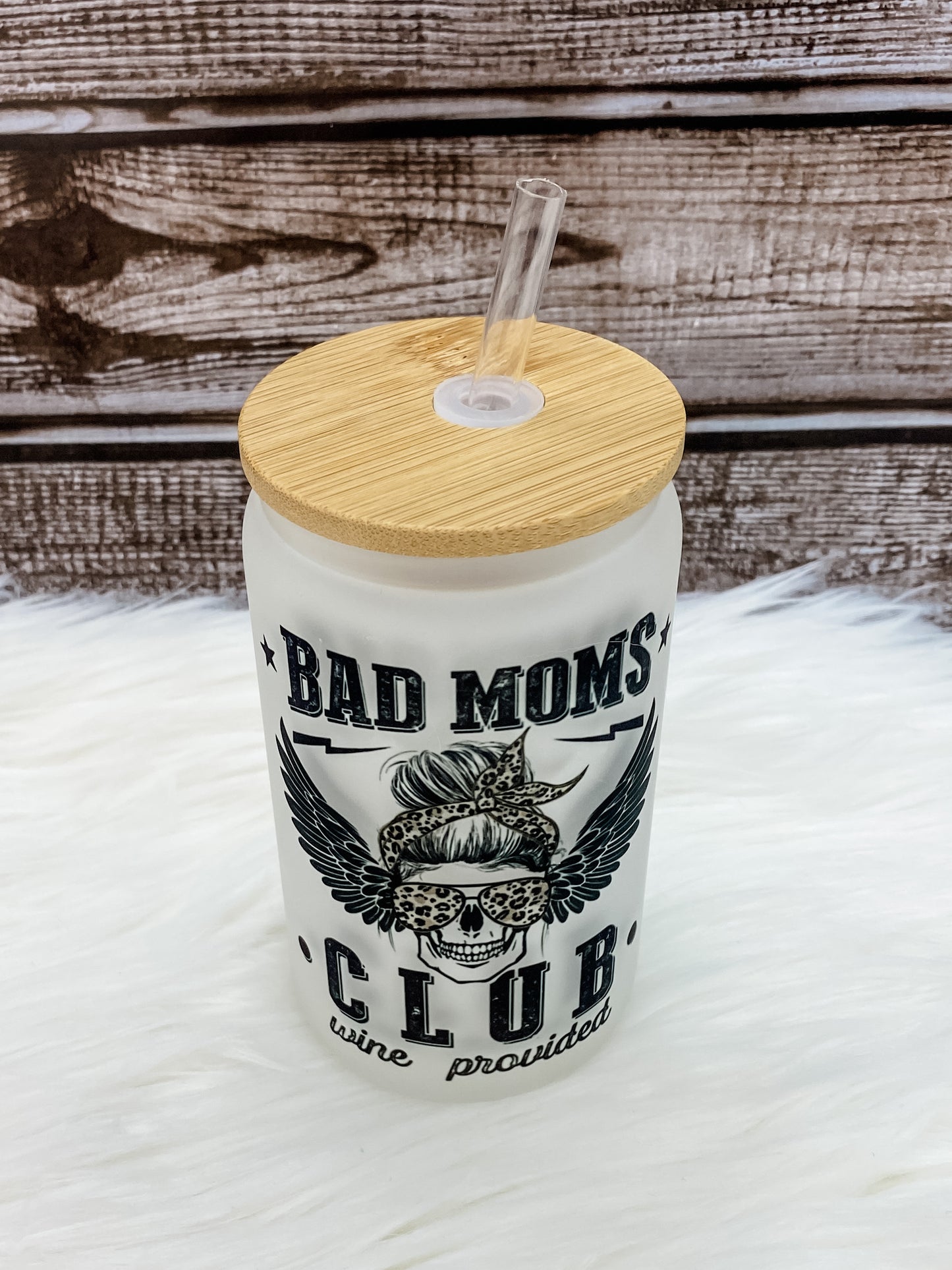 Bad Moms Club 12 oz Can Glass with Bamboo Lid - Frosted