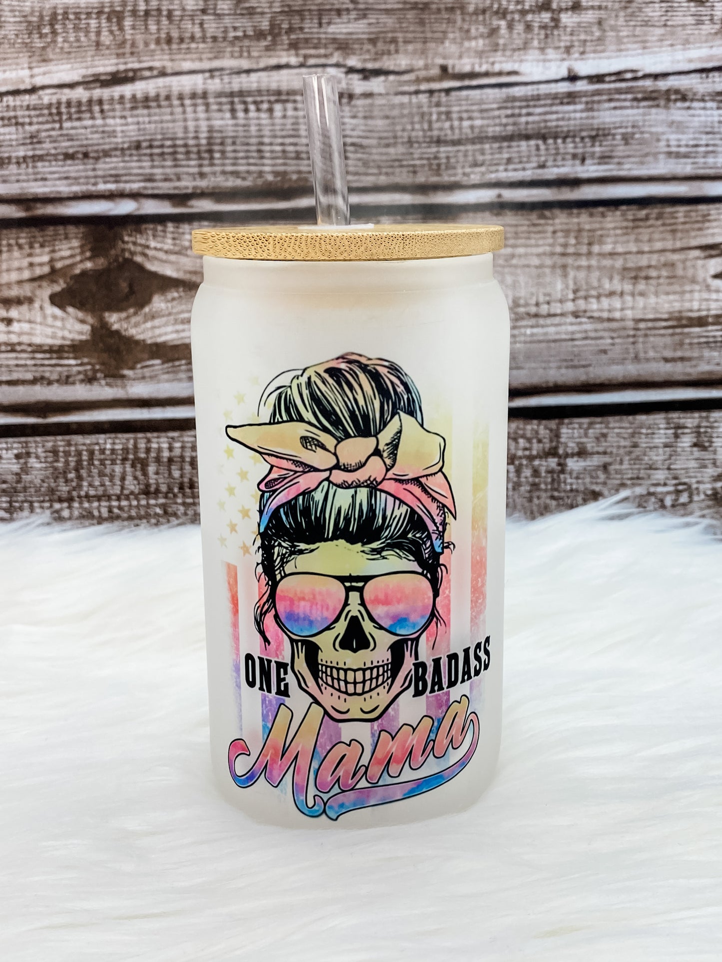 One Badass Mama 12oz Can Glass with Bamboo Lid - Frosted
