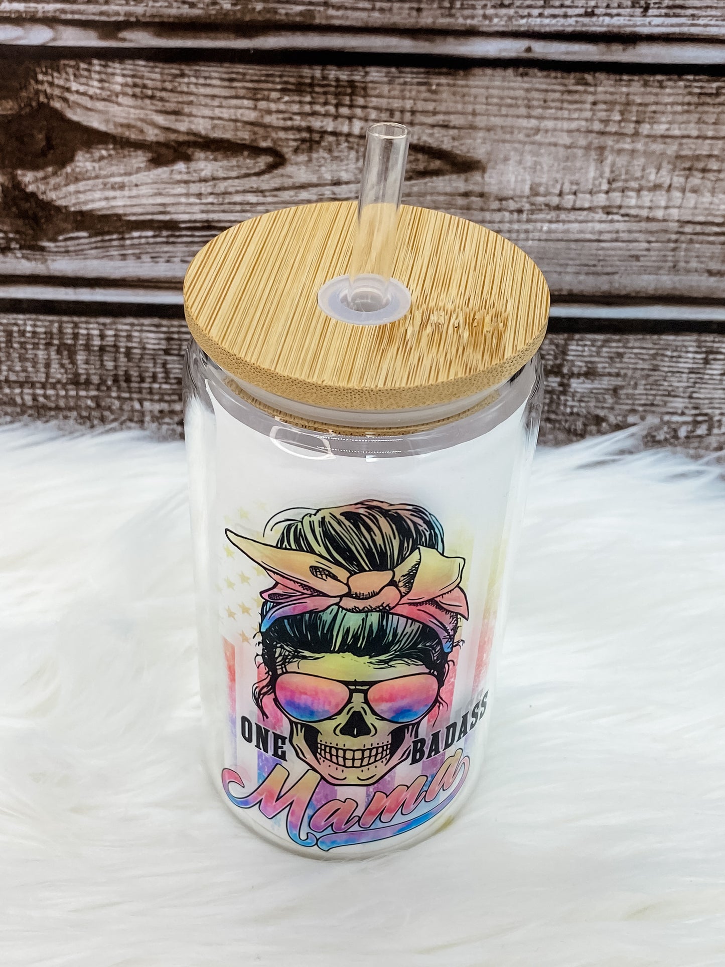 One Badass Mama 12oz Can Glass with Bamboo Lid - Clear