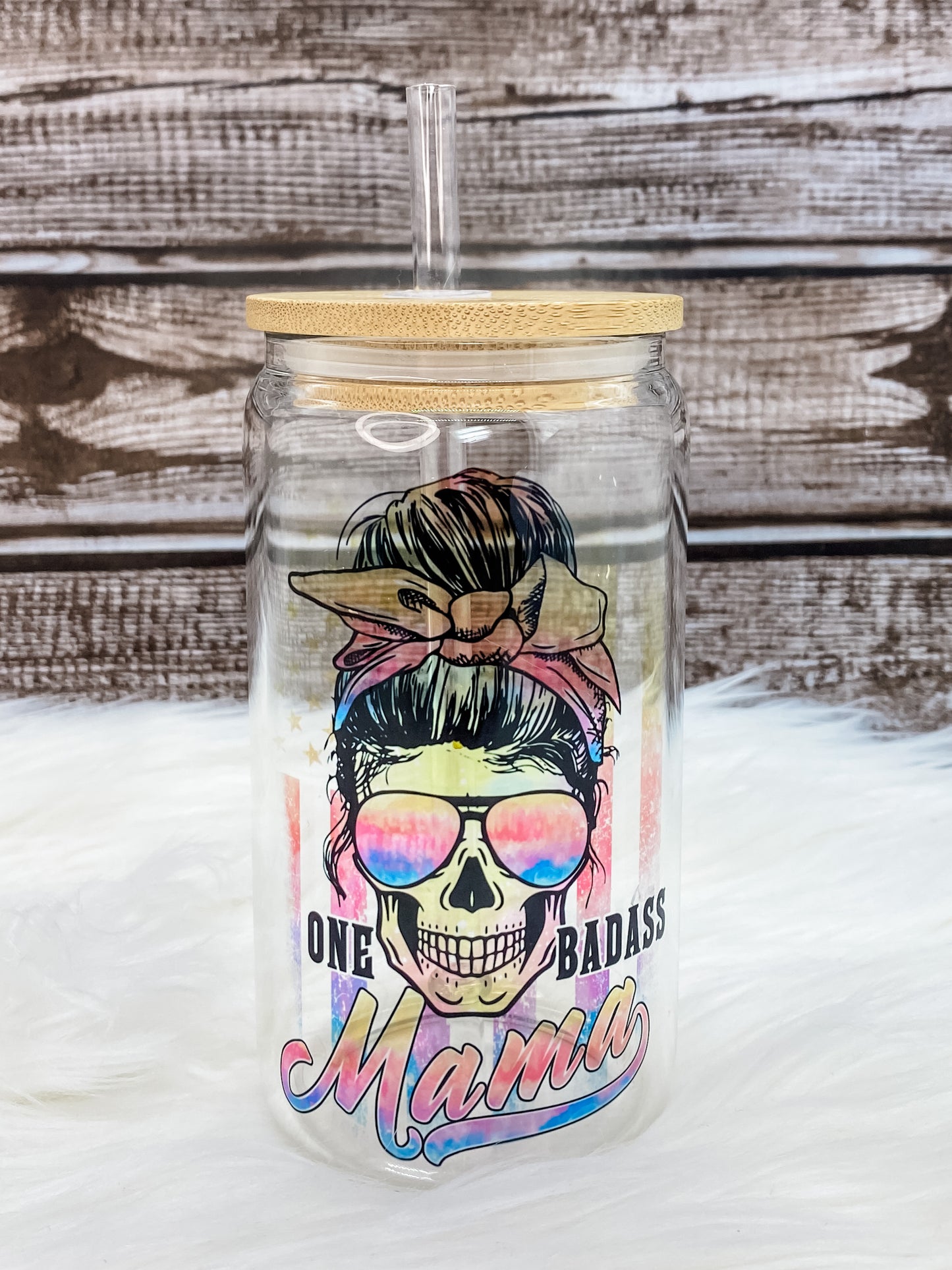 One Badass Mama 12oz Can Glass with Bamboo Lid - Clear