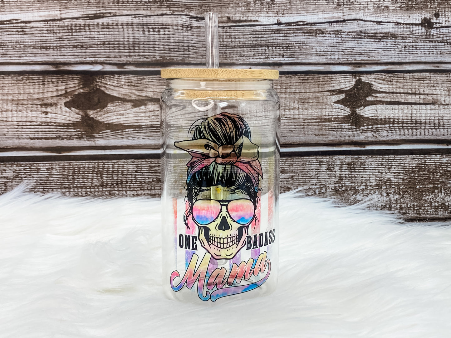One Badass Mama 12oz Can Glass with Bamboo Lid - Clear
