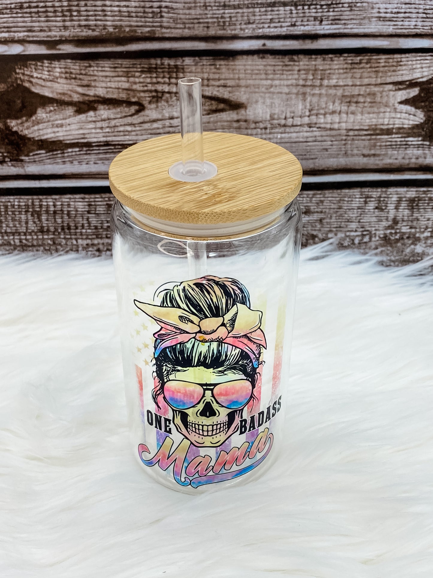 One Badass Mama 12oz Can Glass with Bamboo Lid - Clear