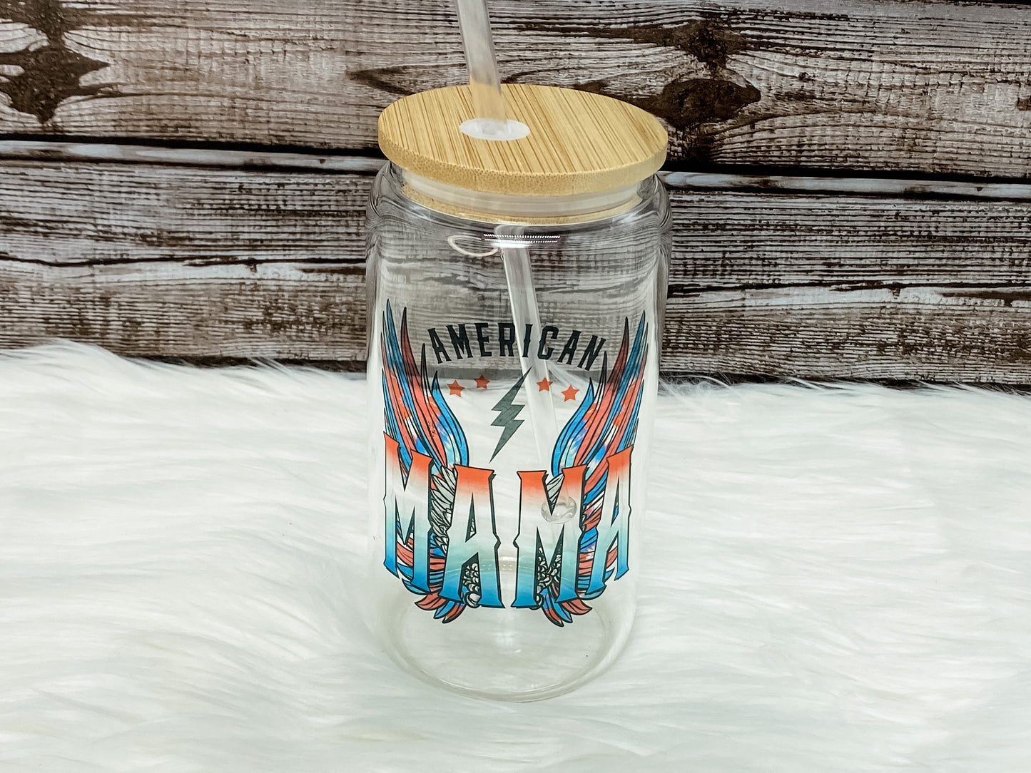 American Mama 16 oz Can Glass with Bamboo Lid - Clear