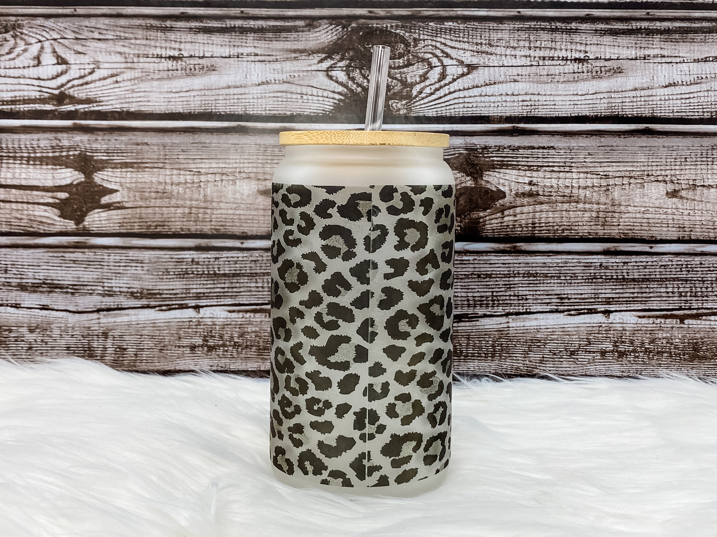 Baseball Mom - Leopard - 16 oz Can Glass with Bamboo Lid - Frosted