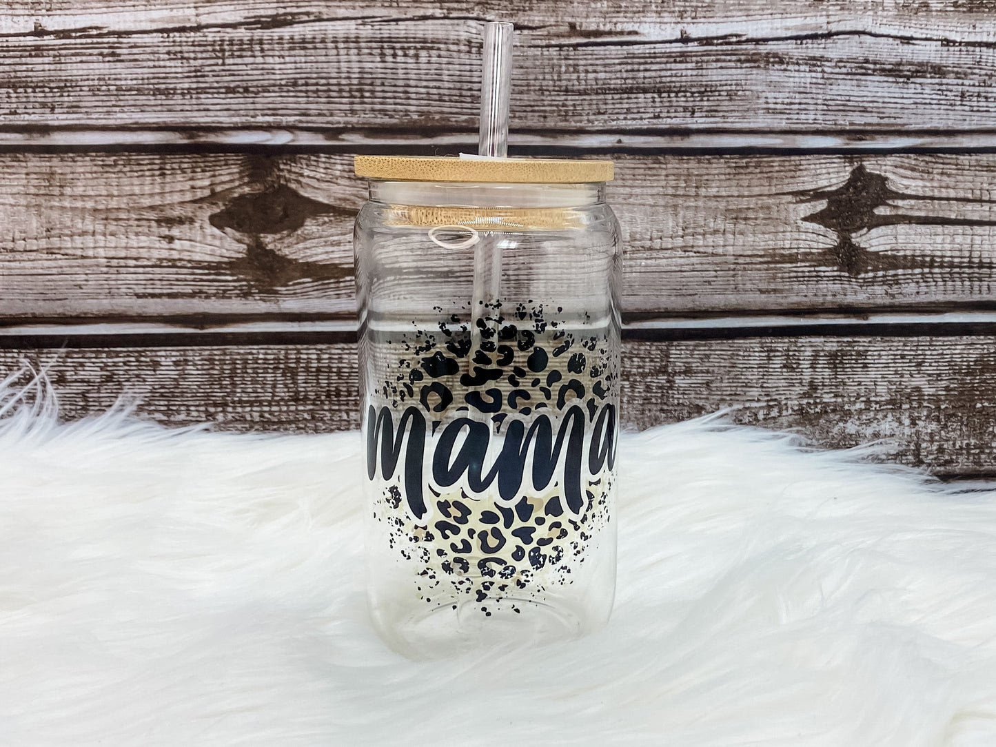 Leopard Mama 16 oz Can Glass with Bamboo Lid - Clear