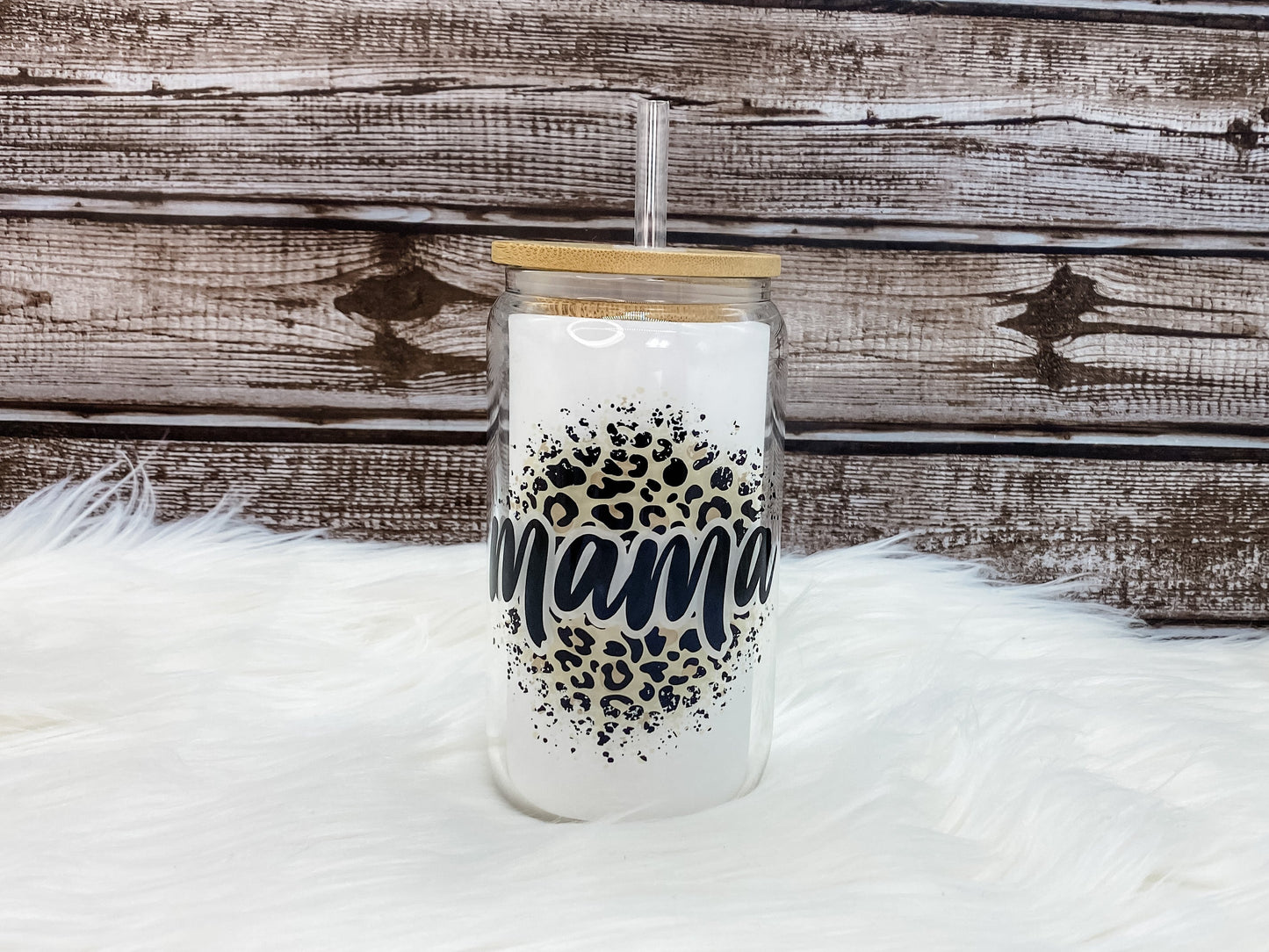 Leopard Mama 16 oz Can Glass with Bamboo Lid - Clear
