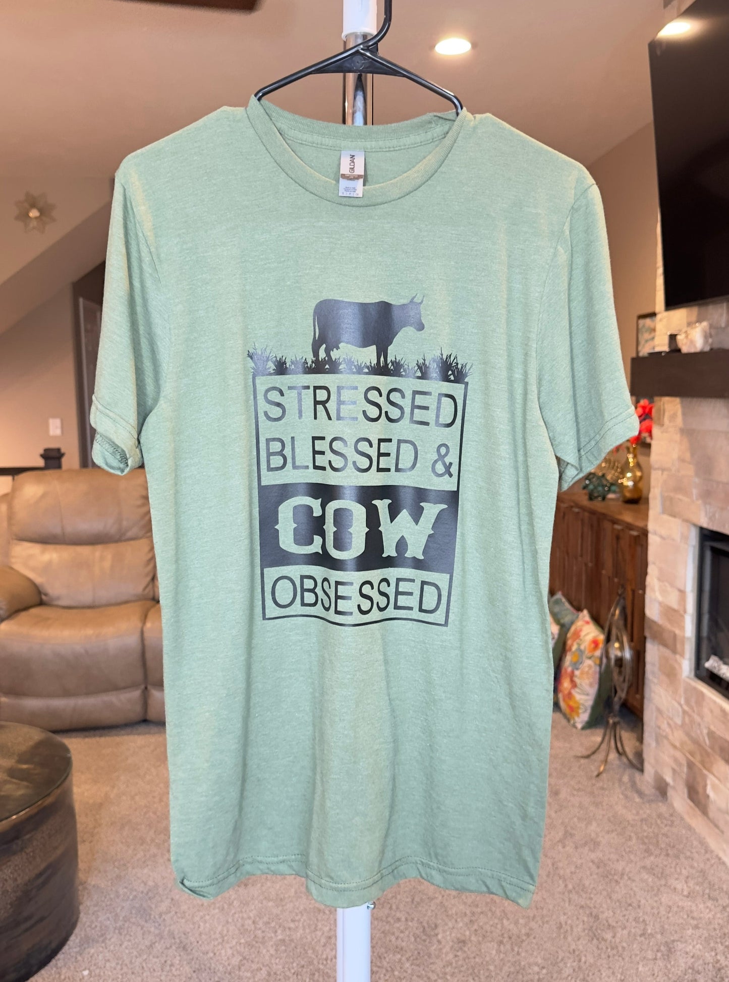 Small | Stressed Blessed & Cow Obsessed | Heather Military | Tee & Tank Sale