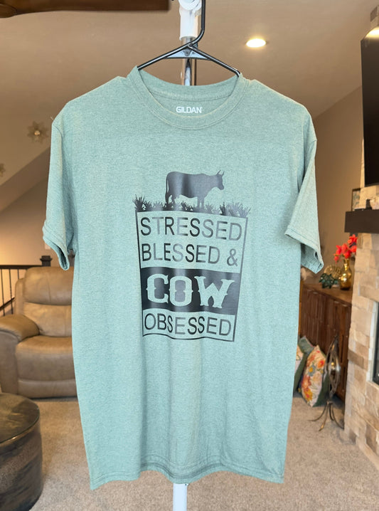 Medium | Stressed Blessed & Cow Obsessed | Heather Military | Tee & Tank Sale
