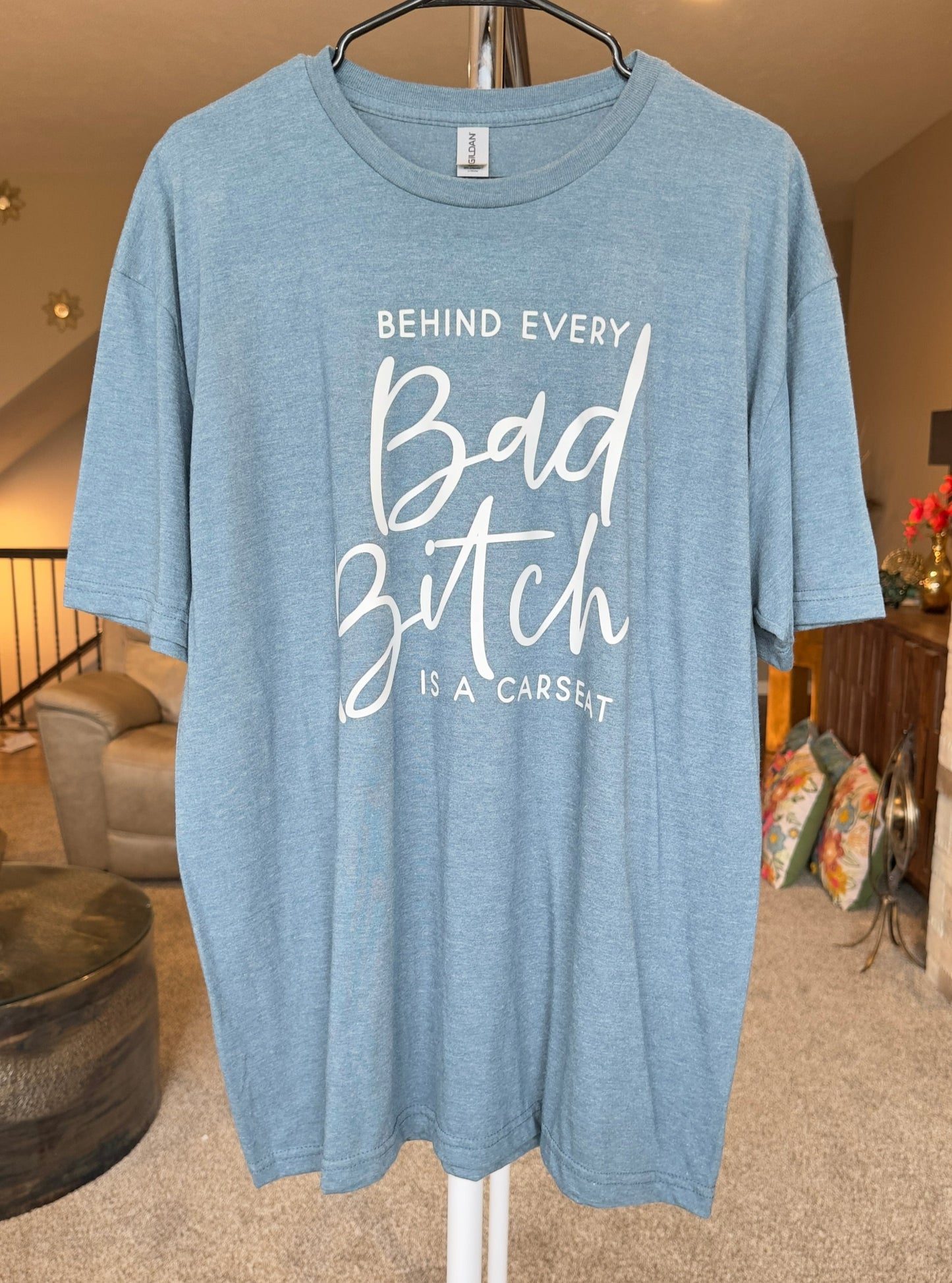 X-Large | Behind Every Bad Bitch Is A Carseat | Heather Indigo | Tee & Tank Sale