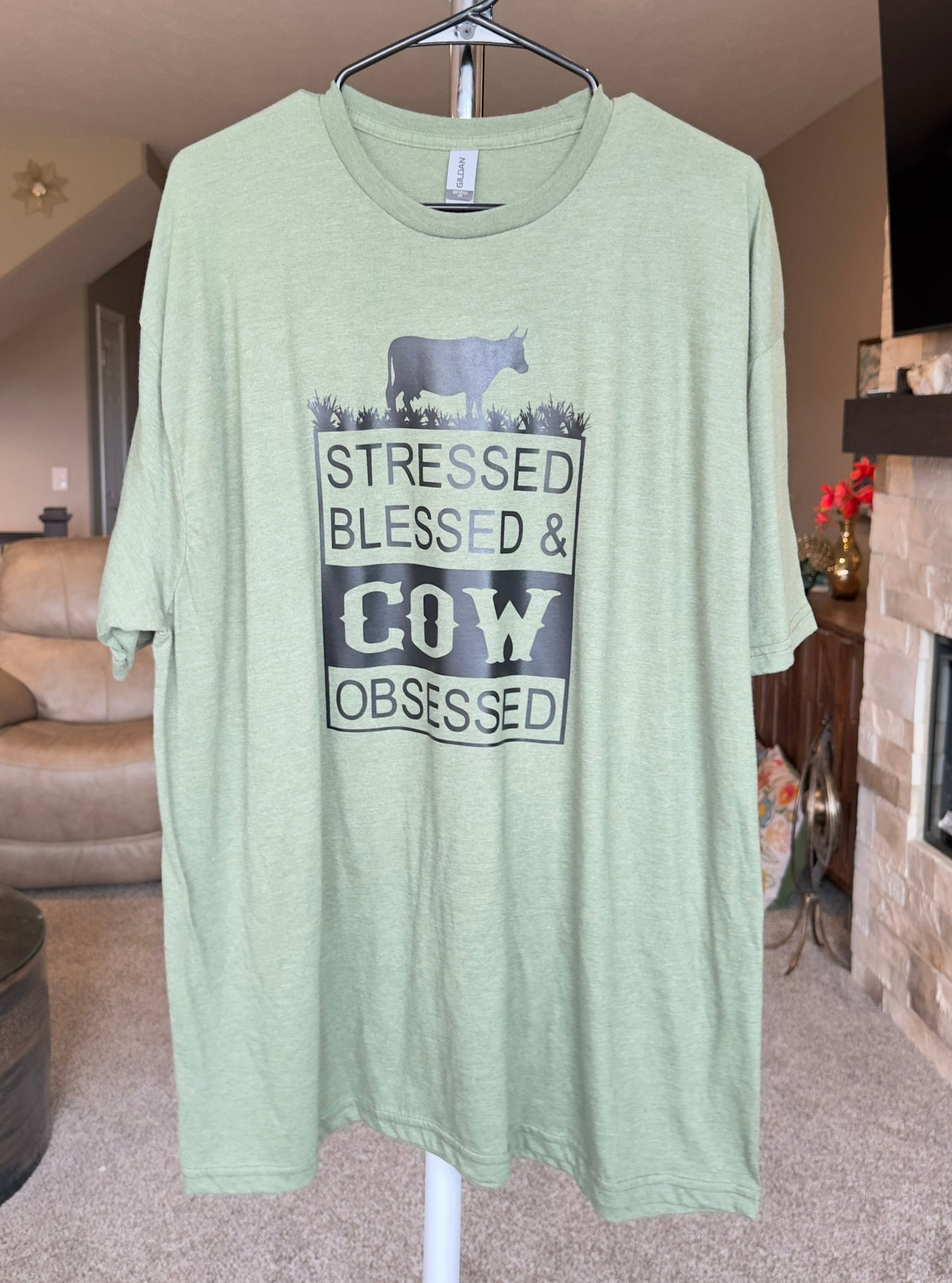 XX-Large | Stressed Blessed & Cow Obsessed | Heather Military | Tee & Tank Sale