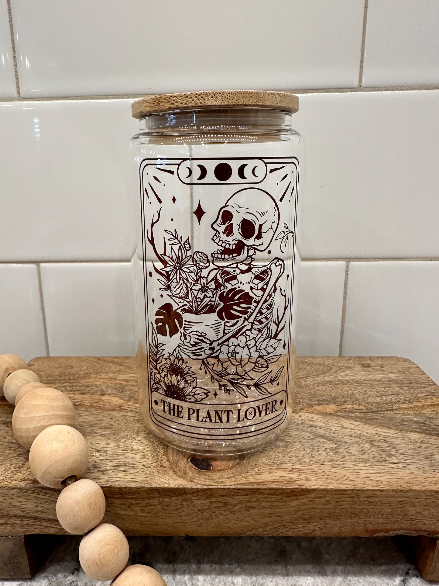 The Plant Lover | Tarot Card Collection |  16oz Can Glass with Bamboo Lid | Clear Glass Drinkware