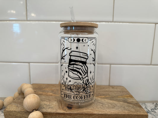 The Coffee | Tarot Card Collection |  16 oz Can Glass with Bamboo Lid | Clear Glass Drinkware