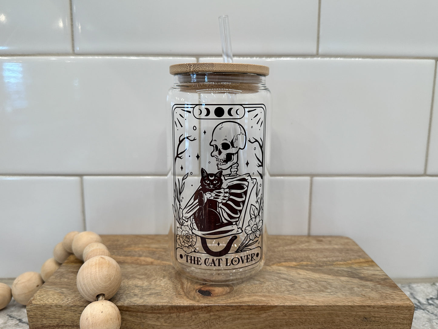 The Cat Lover Skeleton | Tarot Card Collection |  16oz Can Glass with Bamboo Lid | Clear Glass Drinkware